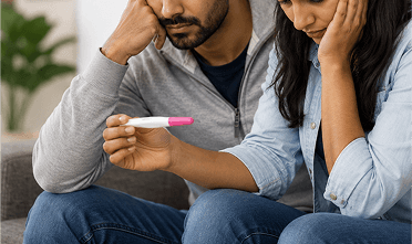 Couple reviewing a negative pregnancy test after IVF